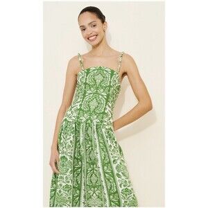 Farm Rio Anthropologie Midi Dress Green Delicate Tapestry Linen Preppy Medium NW